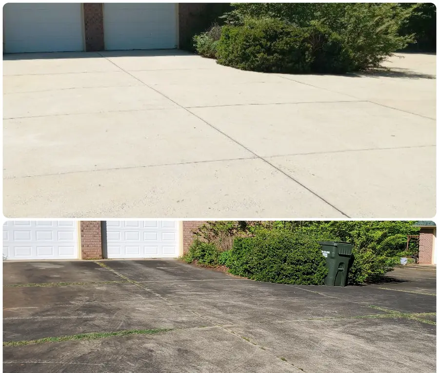 Before/after composite of tree-shaded driveway, dark tire stains and dirt removed to bare grey concrete.