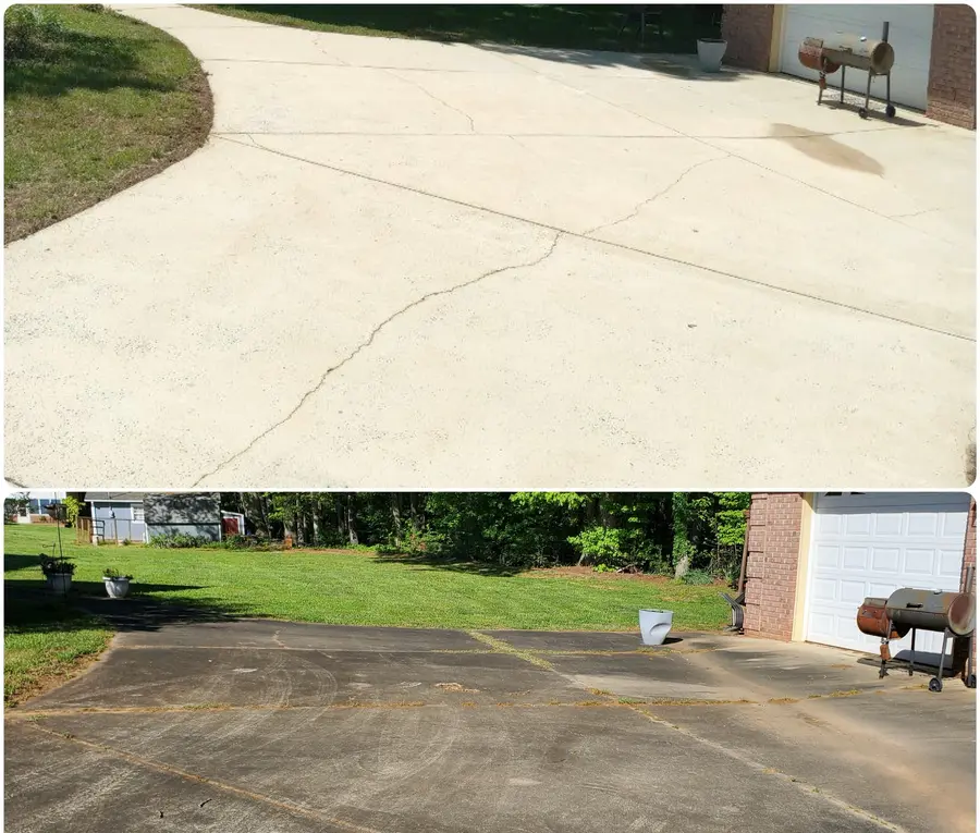 Before/after composite of same wooded driveway, dirt and streaking removed leaving uniform light concrete.