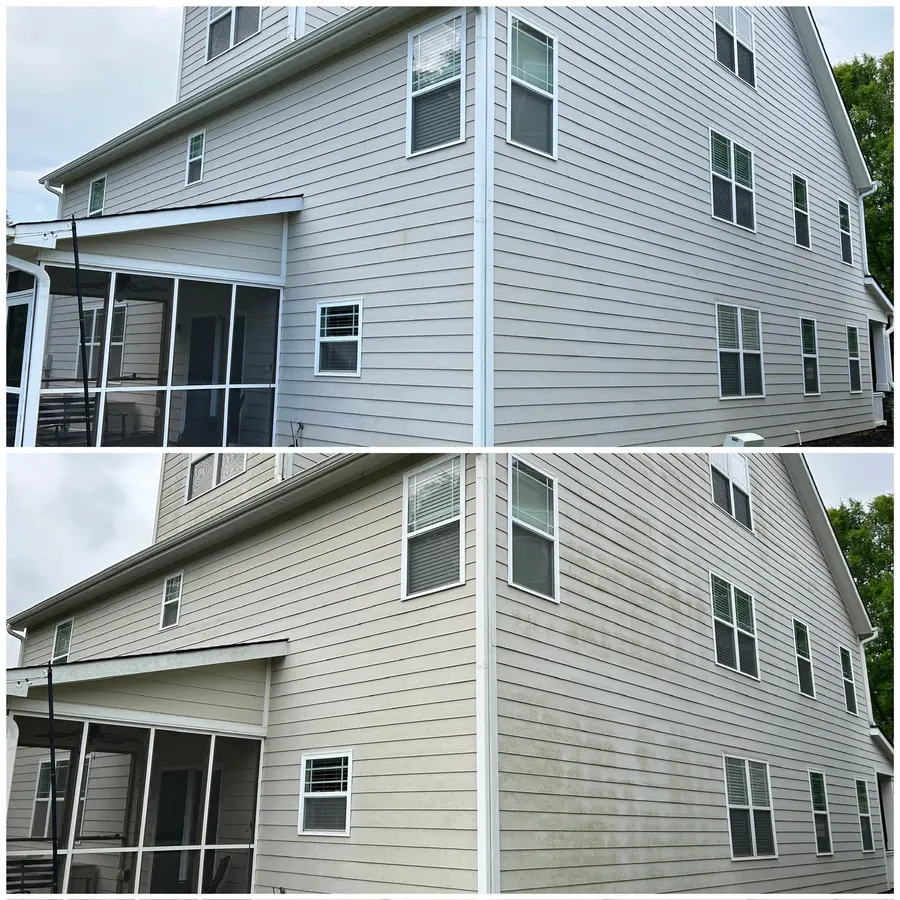 Two story house siding before and after washing, green algae streaking removed to clean grey siding